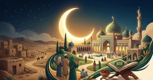 Ilustrasi umat Islam sedang berdoa dan beribadah di dalam masjid dengan khusyuk